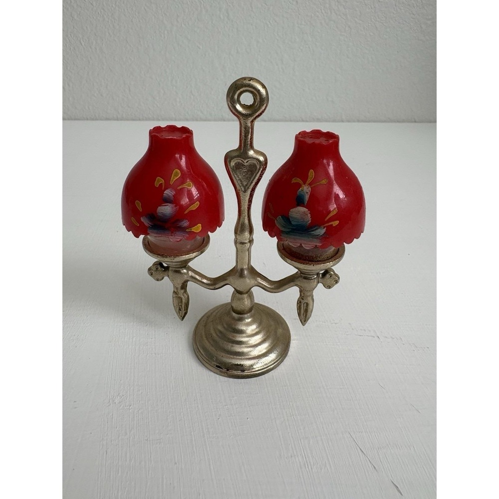 Vintage Mini Oil Lamp Salt Pepper Shakers Red Glass Brass Tone Holder